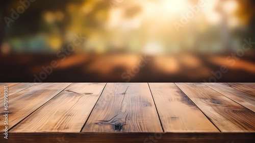 Empty wood table over blur background for product display montage, mock up
