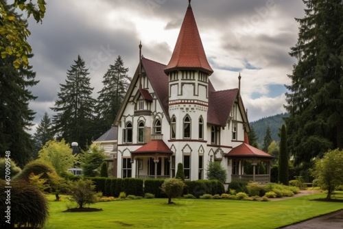 gothic revival villa with pointed roofs and battlement detailing