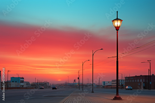 A captivating photograph of a light pole standing tall against the backdrop of a vivid sunset. 