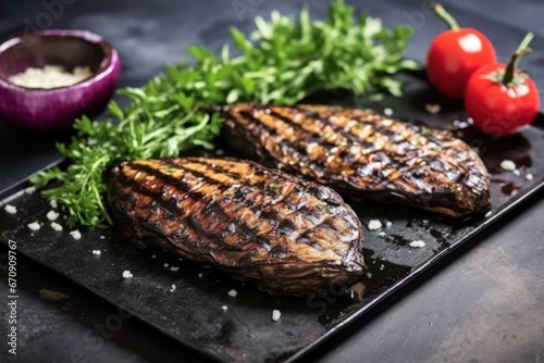 whole aubergines with grill marks on a stone plate