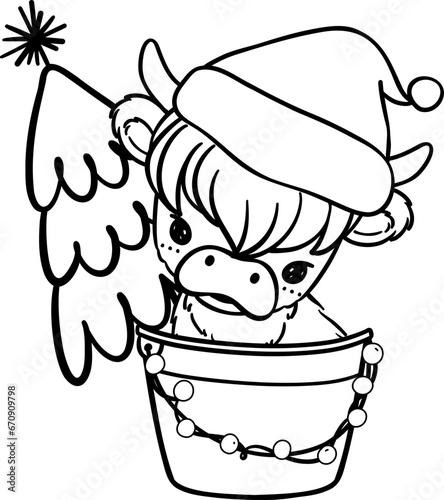 Christmas Highland cow with santa hat outline