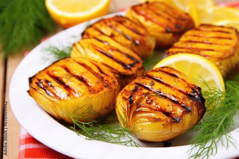 close-up of juicy grilled fennel bulbs close-up of juicy grilled fennel bulbs
