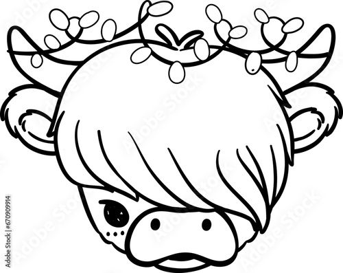 Christmas Highland cow face outline