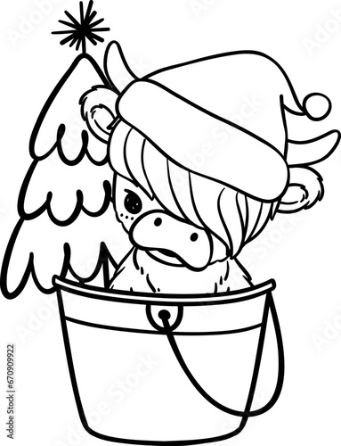 Christmas Highland cow with santa hat outline