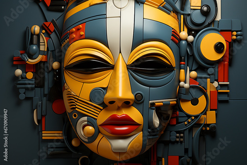An abstract painting depicting a mask-inspired composition with geometric elements. 