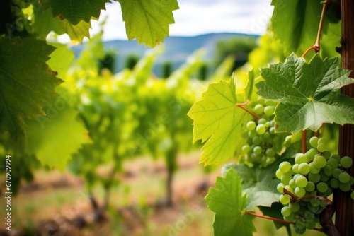 grapes surrounded by leaves, with an out of focus vineyard behind