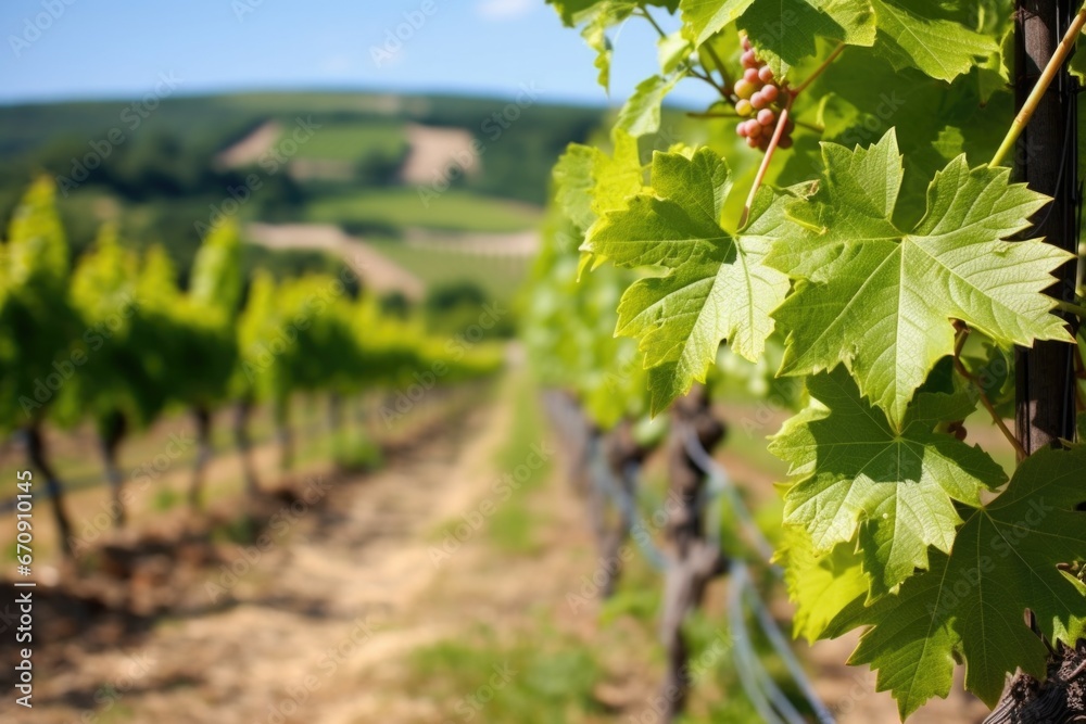 single grape vine in the foreground with a vineyard in the back single grape vine in the foreground with a vineyard in the back