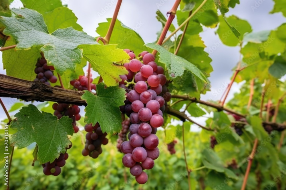 multiple grape clusters on a vine under an overcast sky multiple grape clusters on a vine under an overcast sky