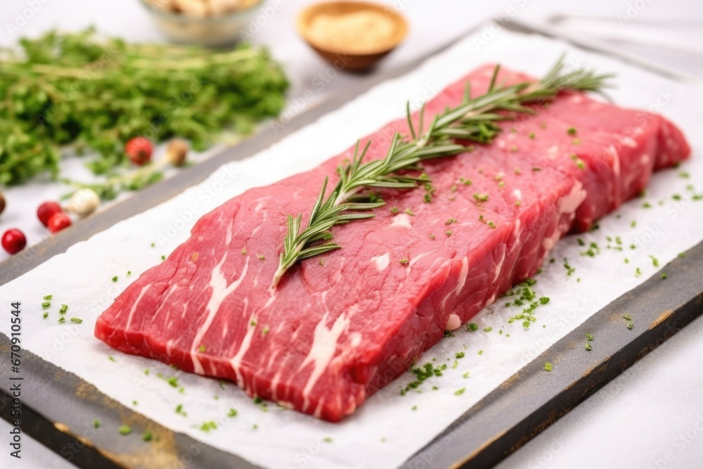 raw herb-marinated steak close-up on marble board raw herb-marinated steak close-up on marble board