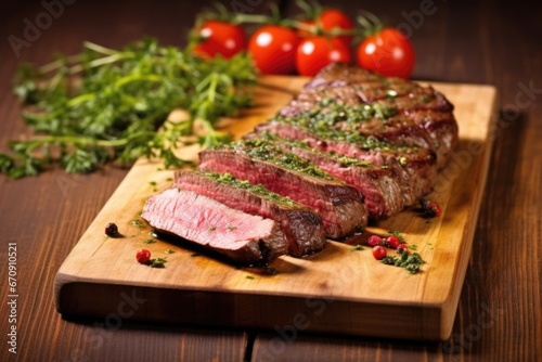 tasty herb rub steak served on a wooden board