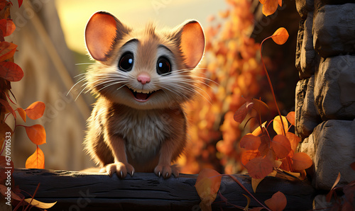 Cartoon 3d mouse on an autumn background.