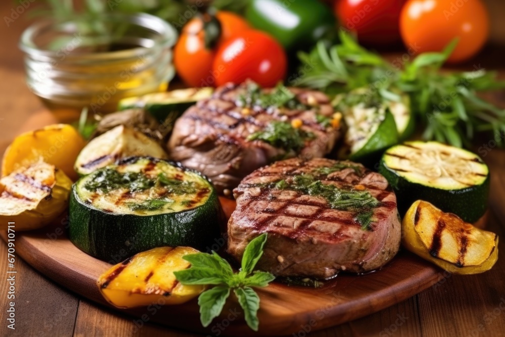 cooked steaks with herb rub, served with grilled vegetables