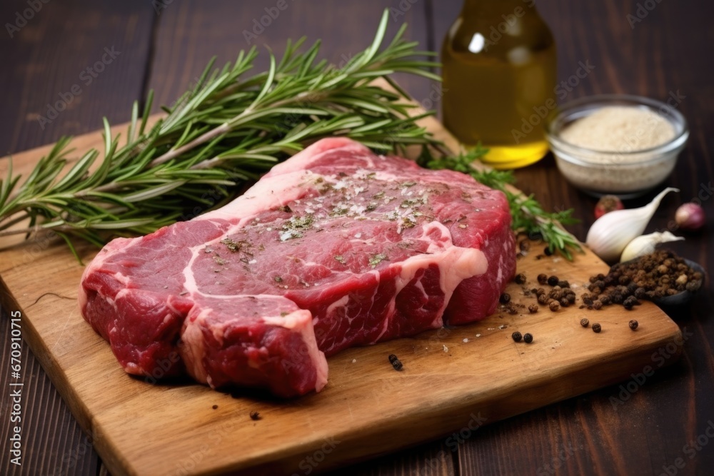 herb rub steak with garlic bulbs and rosemary twigs herb rub steak with garlic bulbs and rosemary twigs