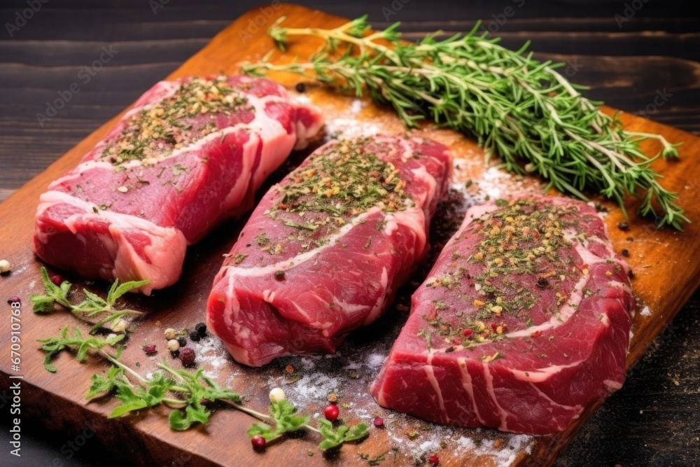 raw steaks covered in rub made from dried herbs