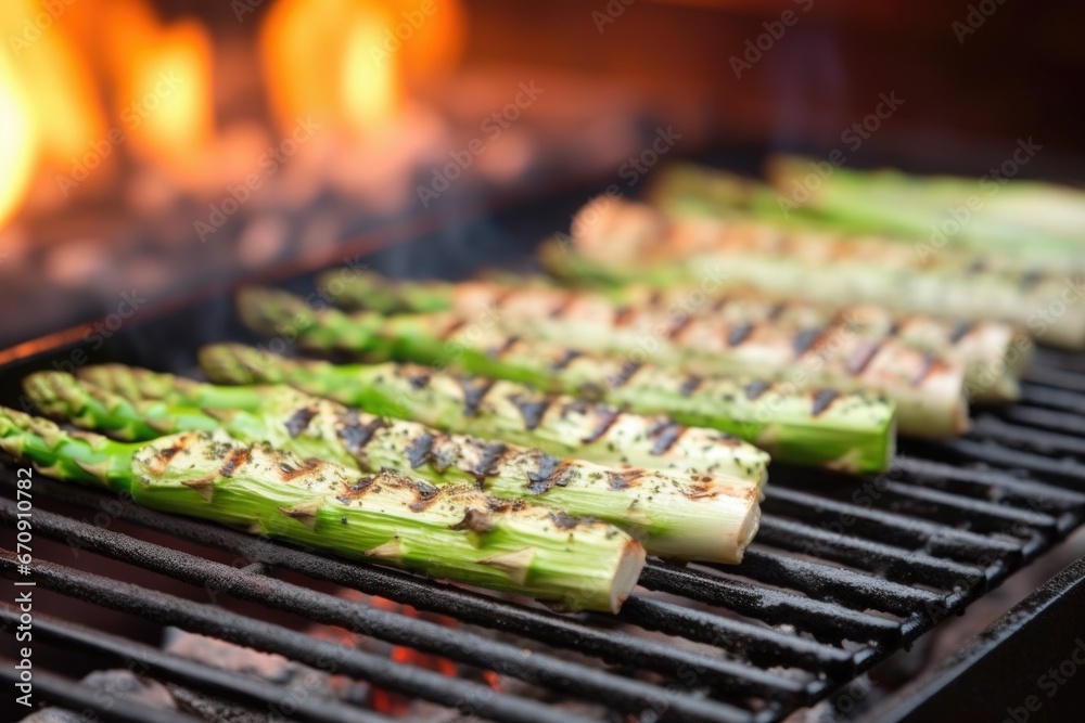 close-up view of asparagus spears on flaming grill