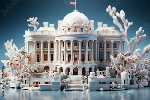 Beautiful stylized layout of a white house on a gray table.  