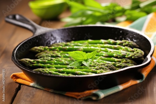 grilled asparagus in a cast-iron pan on a wooden surface