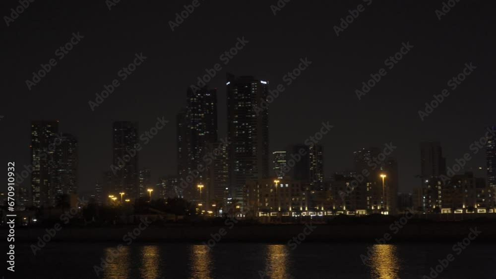 Dubai Skyline From Al Jadafh Walkway At Night, United Arab Emirates Dubai Skyline From Al Jadafh Walkway At Night, United Arab Emirates