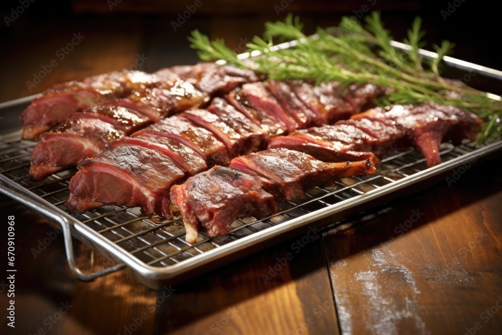 full rack of smoked ribs on a rustic metal tray
