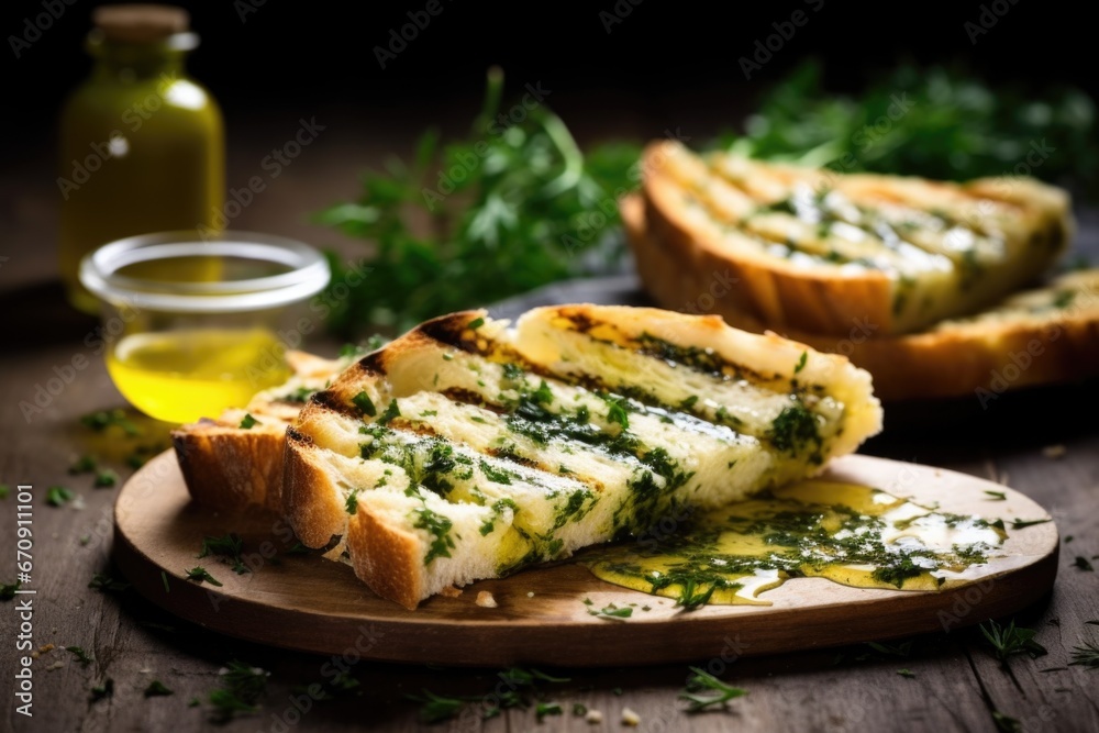 side view of half-eaten grilled bread revealing butter and herbs