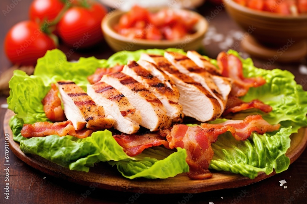 sliced, grilled chicken on bacon bits sprinkled over lettuce sliced, grilled chicken on bacon bits sprinkled over lettuce