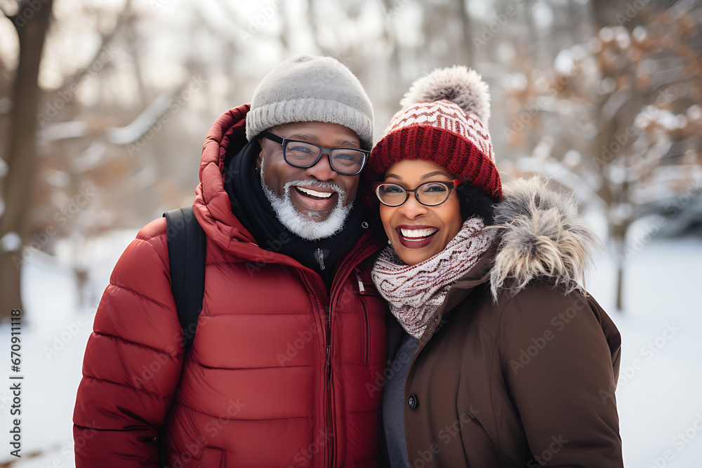 Beautiful elderly heterosexual African American couple in warm jackets hugging, smiling and looking at camera