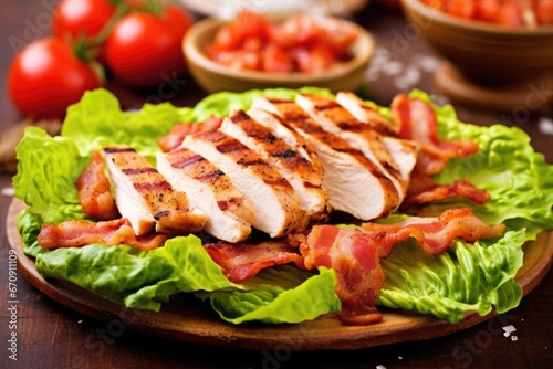 sliced, grilled chicken on bacon bits sprinkled over lettuce