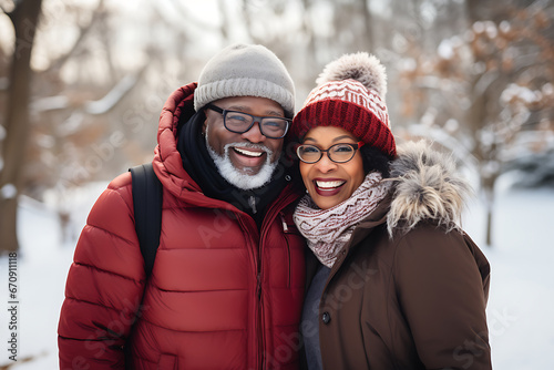 Beautiful elderly heterosexual African American couple in warm jackets hugging, smiling and looking at camera © ribalka yuli