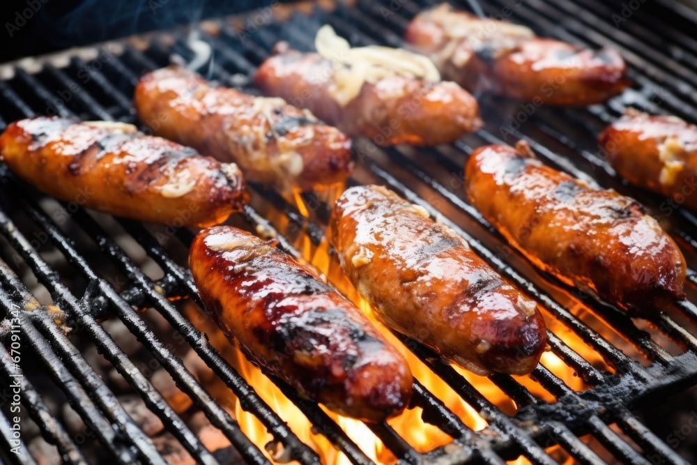 german bratwurst sausages roasting on a classic barbecue