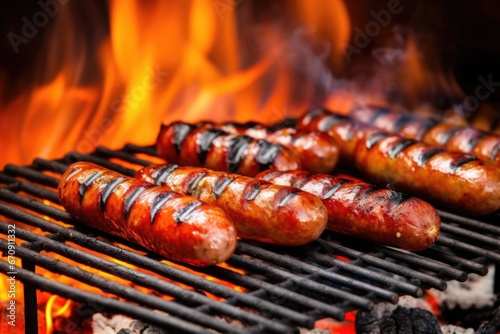 german bratwurst sausages on a fiery charcoal grill
