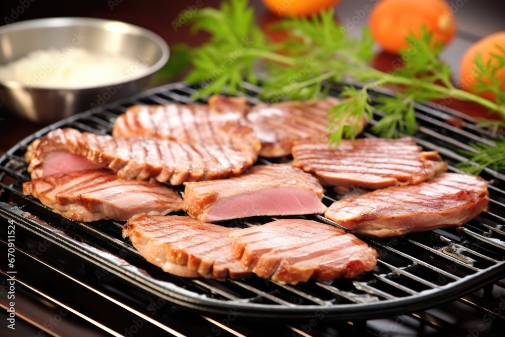 neatly sliced duck on an aluminum grill plate neatly sliced duck on an aluminum grill plate
