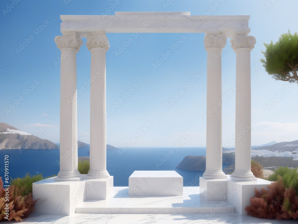 mediterranean white marble podium scenery with an ocean background
