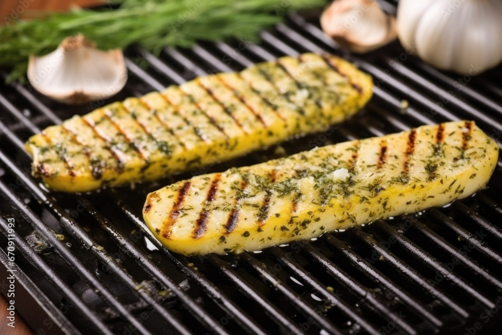 garlic bread with grill marks on a stone countertop garlic bread with grill marks on a stone countertop