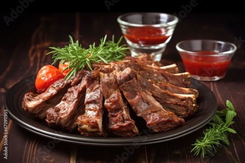 ribs with thick sauce served on a glass plate