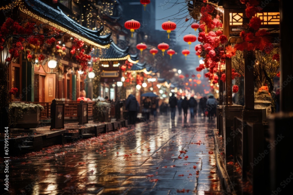 Vibrant lantern-lit streets during Chinese New Year, Generative AI