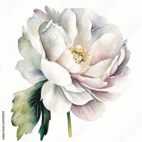 Fototapeta Naklejka Na Ścianę i Meble -  White peony flower and leaves. Watercolor illustration on paper. Floral art for greeting and save the date cards. Generative AI.