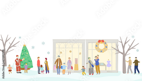 クリスマスの買い物を楽しむ人々のベクターイラスト