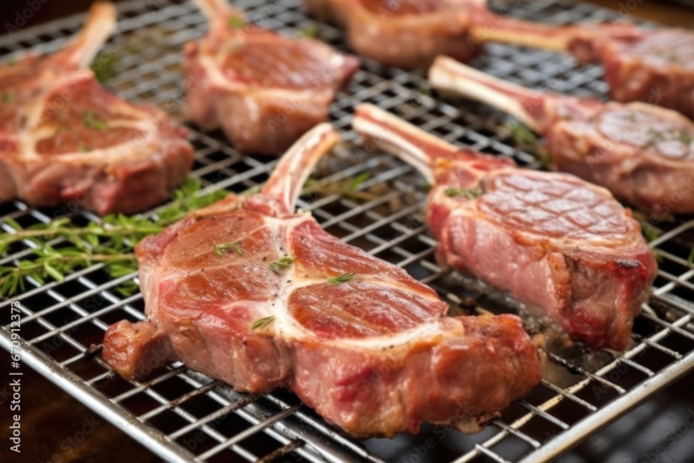 distinct grill marks on lamb chops resting on a cooling rack