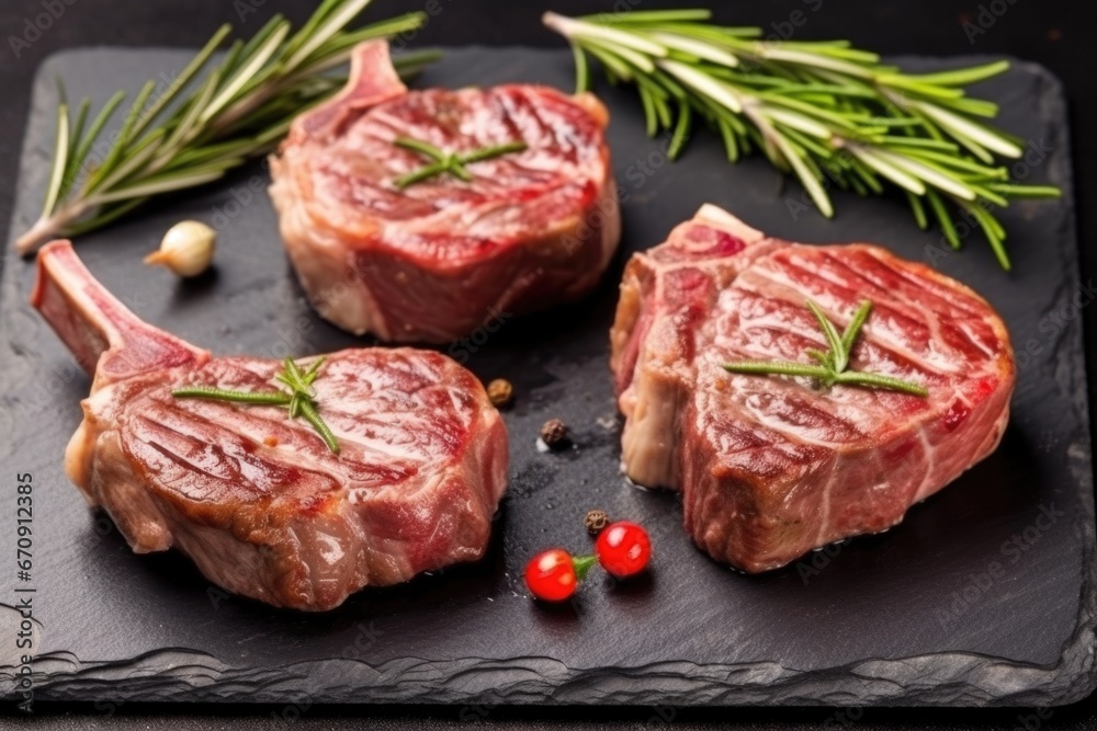 lamb chops with grill marks garnished with rosemary on a slate board