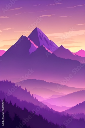 Misty mountains at sunset in purple tone  vertical composition