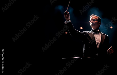 Symphony Orchestra Conductor or Maestro using a baton to direct the band. Close up with shallow field of view.