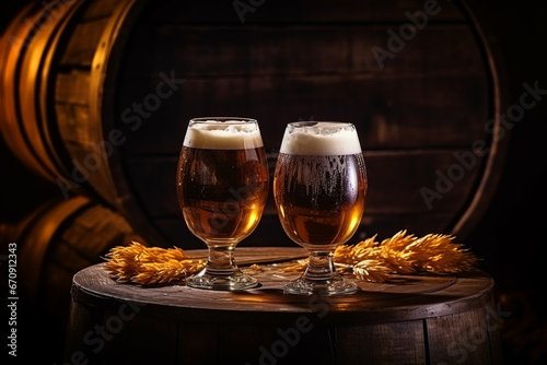 Beer barrel with beer glasses on a wooden table. The dark background