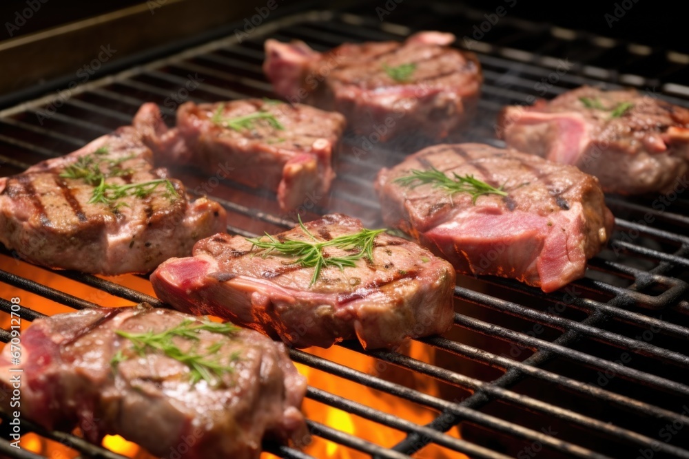 lamb chops on a bbq grill with smoke rising