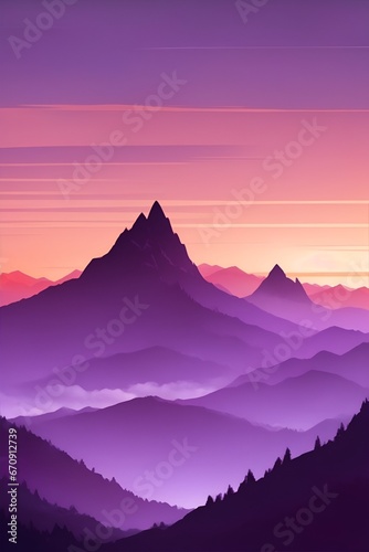 Misty mountains at sunset in purple tone, vertical composition