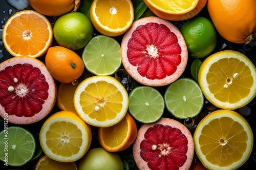 Fresh citruses fruits slices background natural. Many exotic lemon half raw. Generate Ai