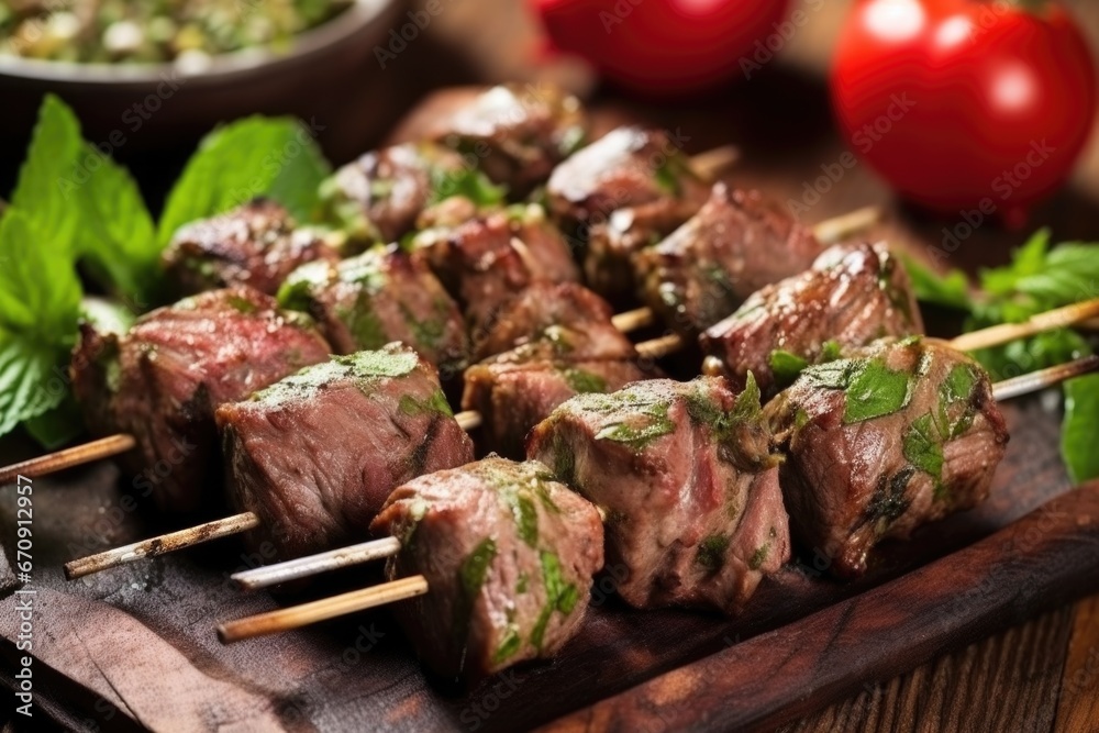close-up of juicy lamb kebabs, sprinkled with dried herbs