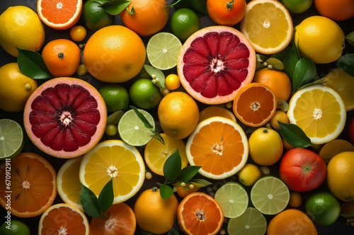 Fresh citruses fruits slices background top view. Healthy juicy tropical natural fruit. Generate Ai