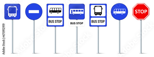 Set of bus stop signs. Bus stop road sign. Traffic bus stop symbol.