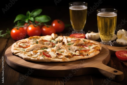 light beer in frosted glass, grilled chicken pizza on wooden board