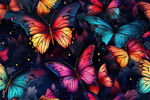seamless pattern with bright multicolored butterflies on black neon rainbow background for print on fabric and textiles